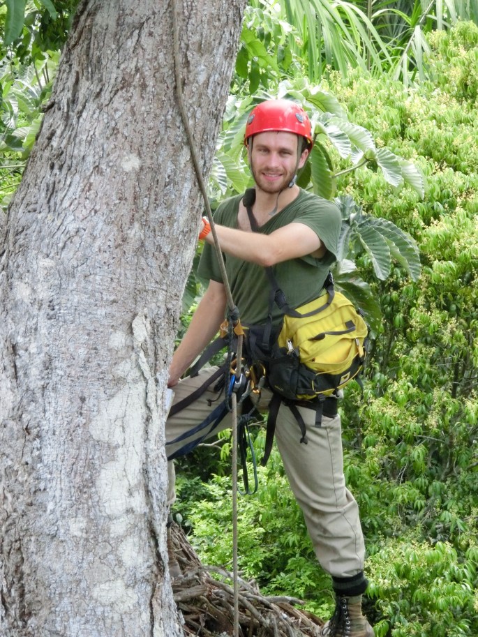 Posing for a photo after a quick climb into the canopy. Photo Credit: Steve Yanoviak